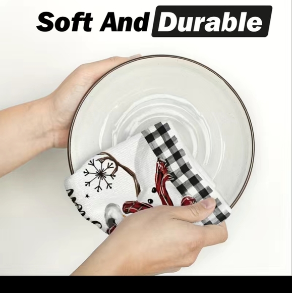 2pc Hand Towels Christmas Holiday Black & White Checkered Snowman Kitchen Towels - Picture 5 of 9